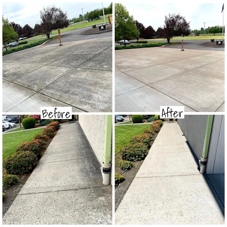 Before and after of a concrete walkway restored alongside a home