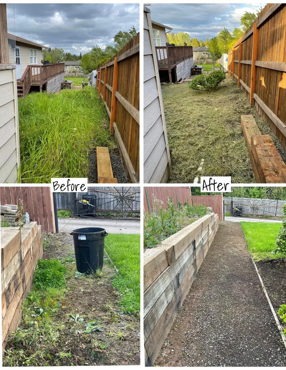 Before and after of a timber retaining wall and walkway rebuild