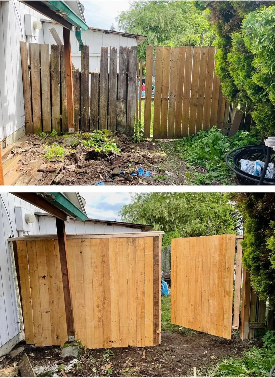 Cedar fence and double gate installed beside a backyard shed